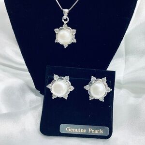 Luxury 9-10mm Freshwater Pearl Necklace & Earrings Set Snowflake Wedding Design